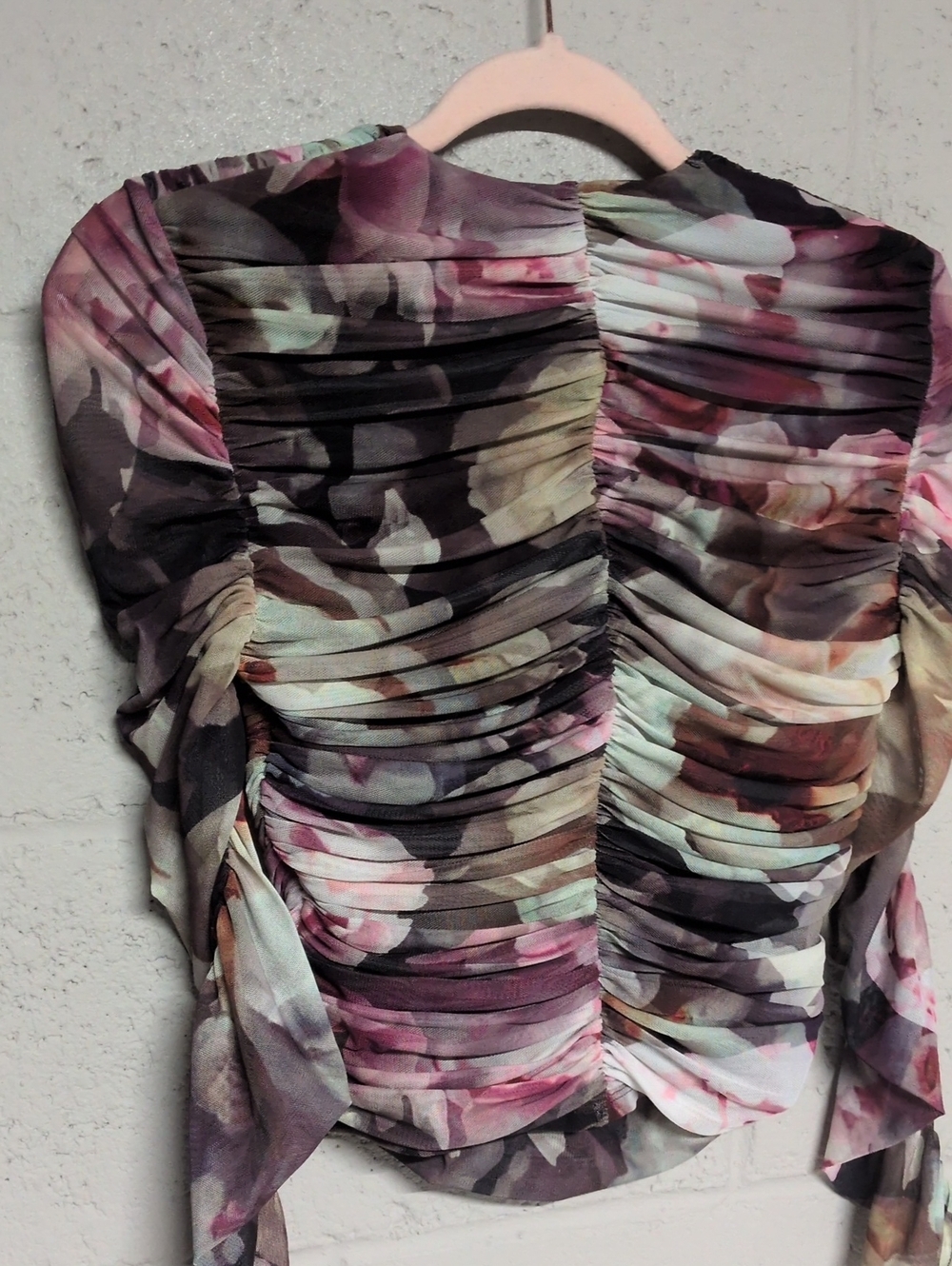 Express Body Contour Mesh Floral Ruched Cropped Top Blouse Small, Coquette Girl - Picture 6 of 8